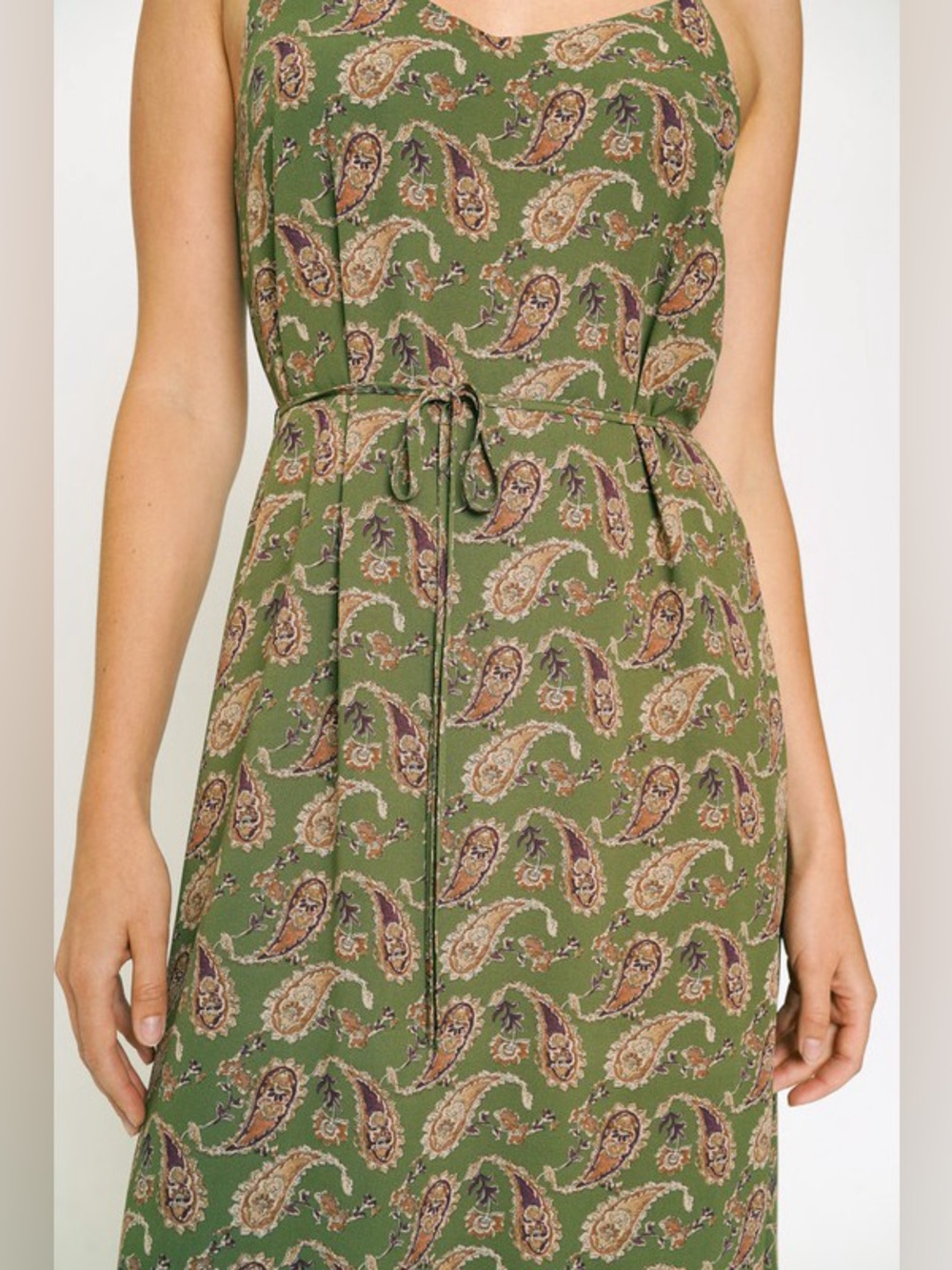 🍂SPECIAL🍂PAISLEY PRINT RUFFLE HEM SLIP DRESS|OLIVE - Picture 6 of 6